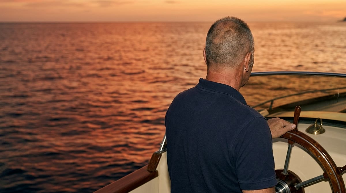 Comandante di spalle al timone in legno di uno yacht, al tramonto