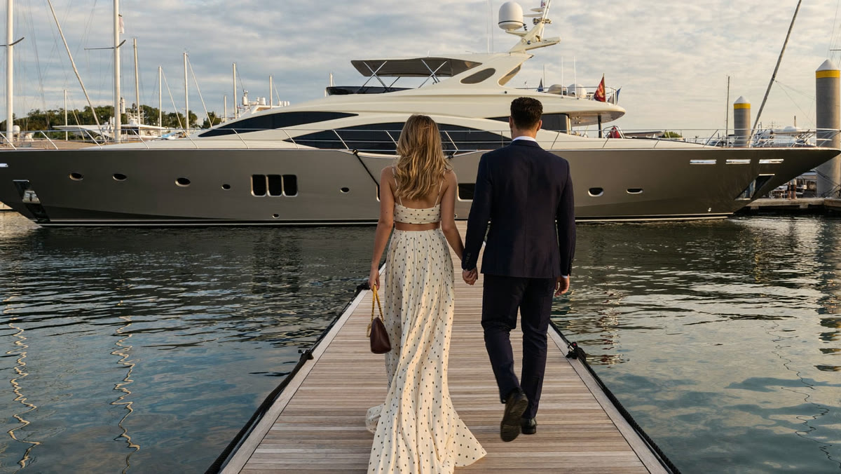 Coppia accompagnata lungo un pontile verso uno yacht ormeggiato, al tramonto