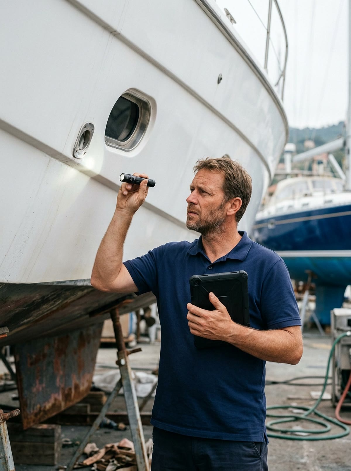 Professionista che ispeziona lo scafo di uno yacht a secco con una torcia