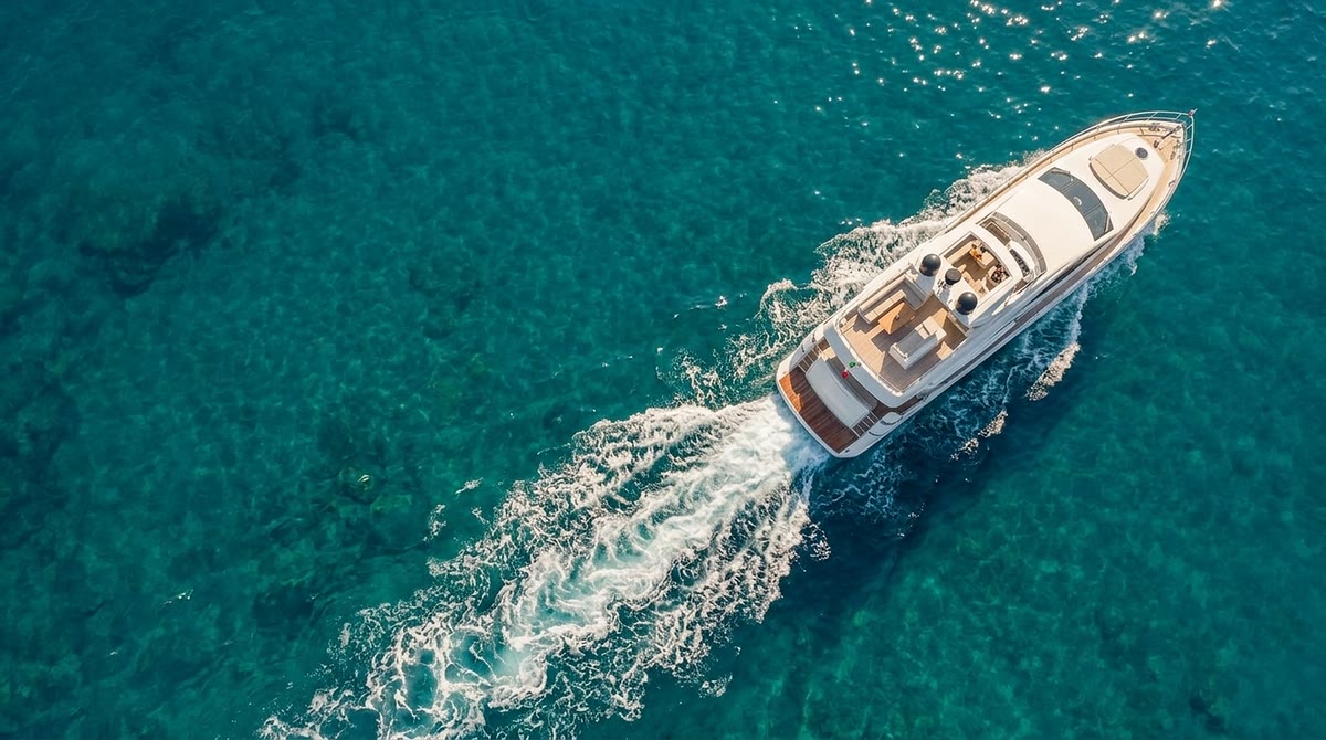 Yacht a motore bianco in navigazione su acque turchesi, visto dall’alto
