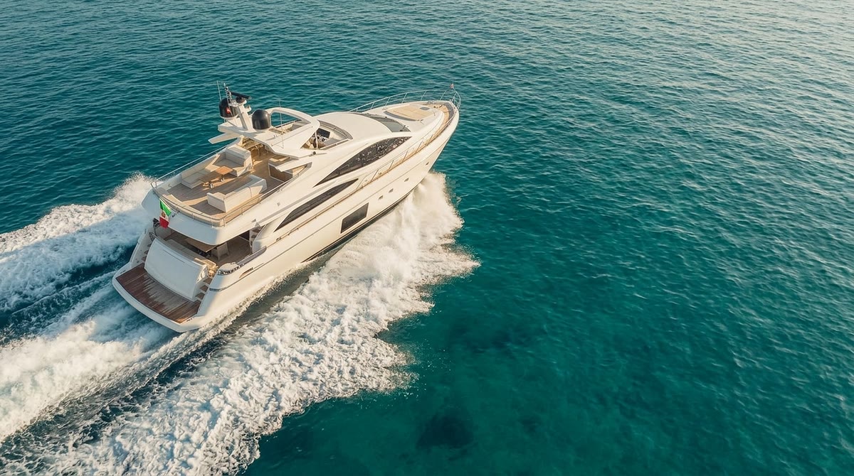 Lo stesso yacht in navigazione, ripreso dall’alto in diagonale