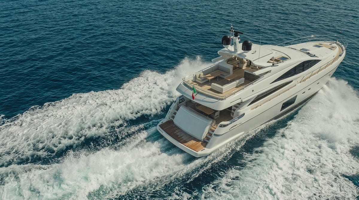 Lo yacht in navigazione in mare aperto, ripreso da poppa a bassa quota
