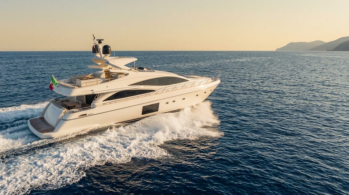 Lo yacht in navigazione visto di fianco, con la costa ligure all’orizzonte