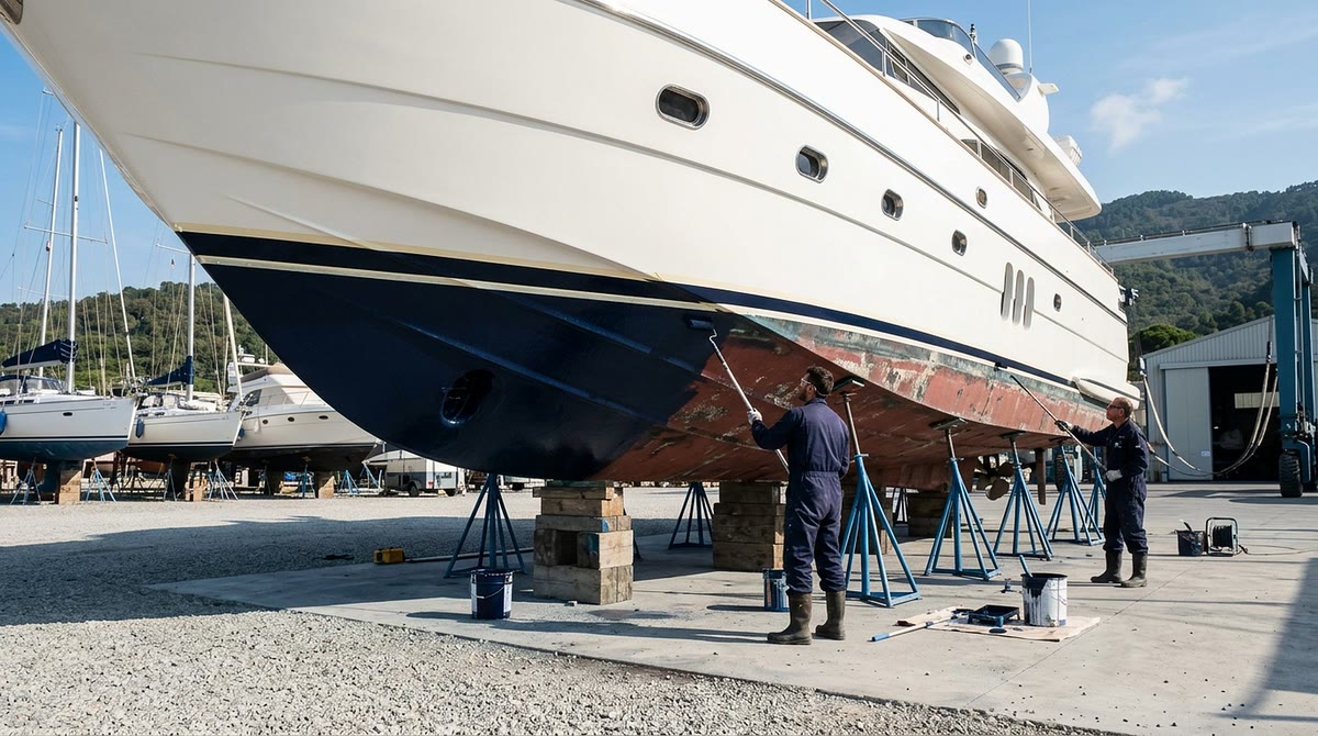 Tecnici che stendono l’antivegetativa sulla carena di uno yacht in cantiere