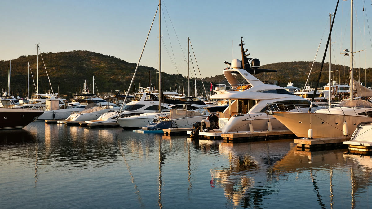 Marina con file di yacht ormeggiati al tramonto