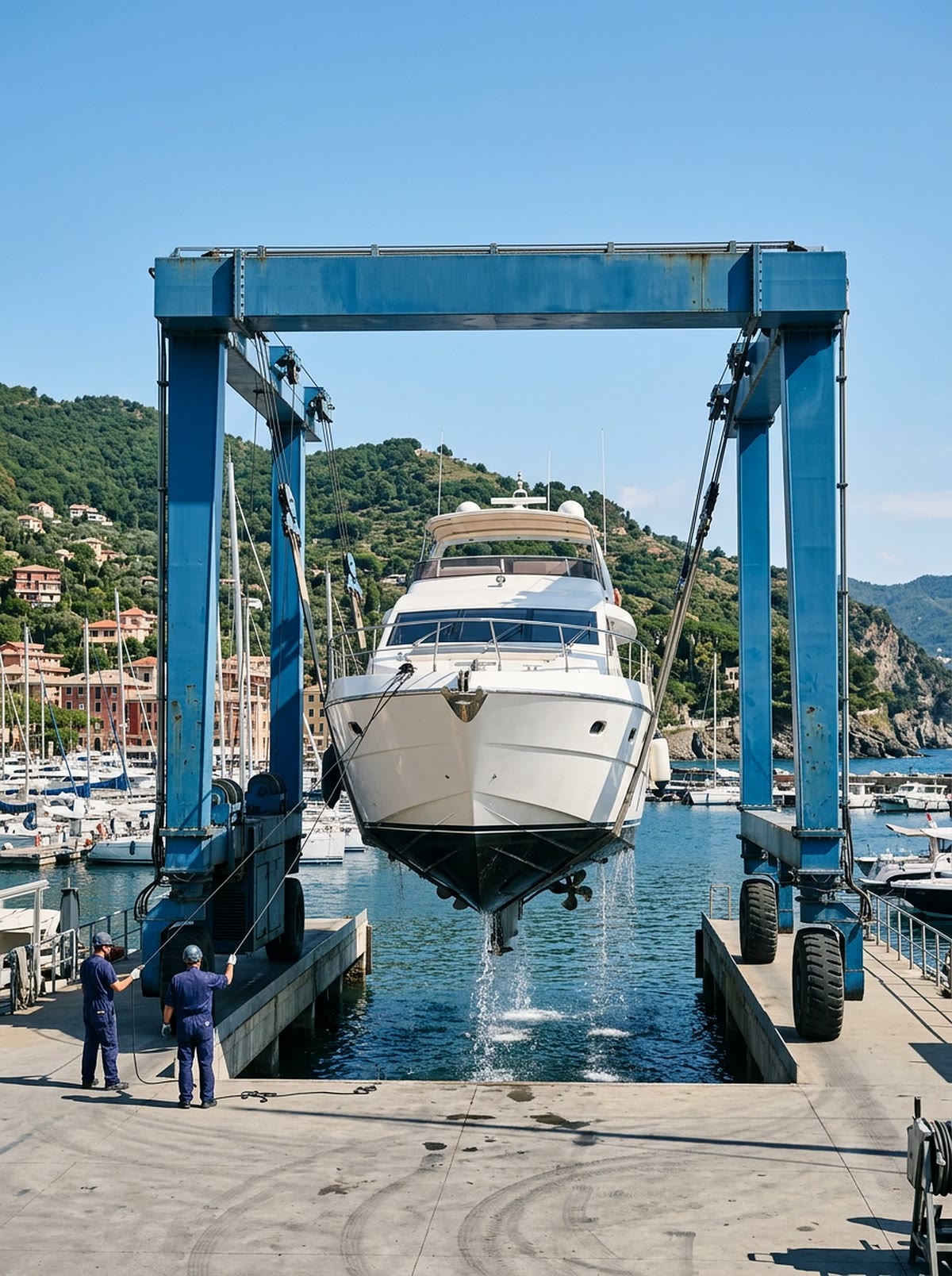 Travel lift che solleva uno yacht a motore dall’acqua in cantiere