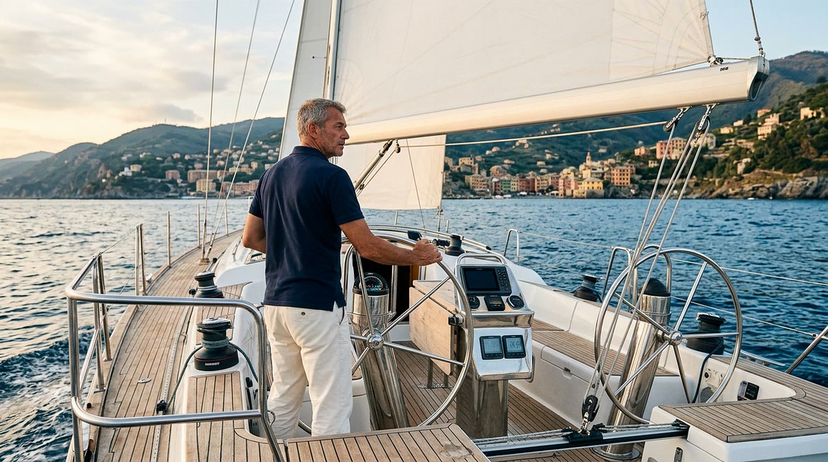 Barca a vela sbandata sotto vela, con lo skipper alla randa e gli ospiti in pozzetto