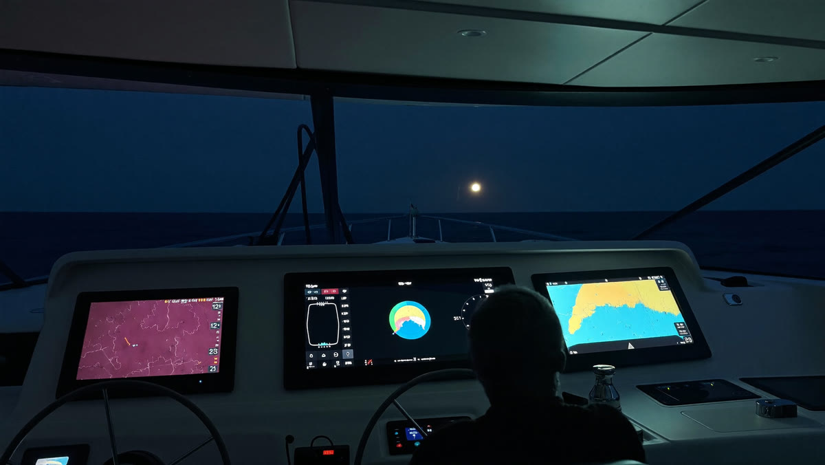 Plancia di uno yacht di notte durante una traversata, con gli schermi di navigazione accesi